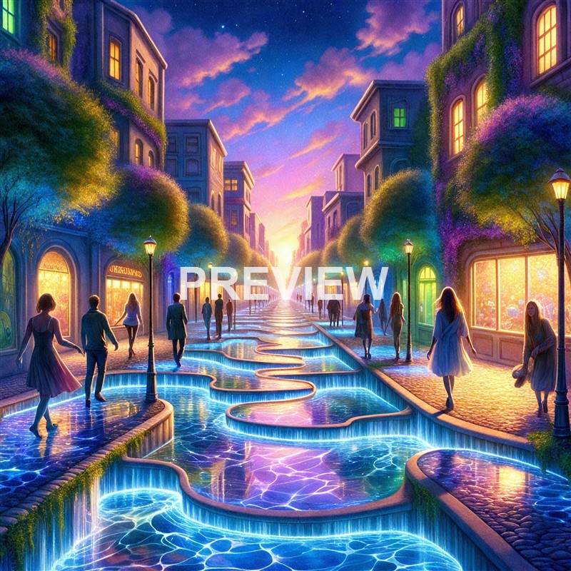 A colorful, whimsical city street scene at sunset with illuminated shops, trees with glowing foliage, and a flowing water feature with bright, neon-like edges, while people stroll along the sidewalks.